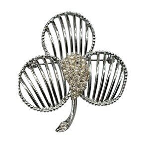 Paved Center 3 Leaf Clover Brooch Silver Tone Open Metal Work Clear Rhinestone